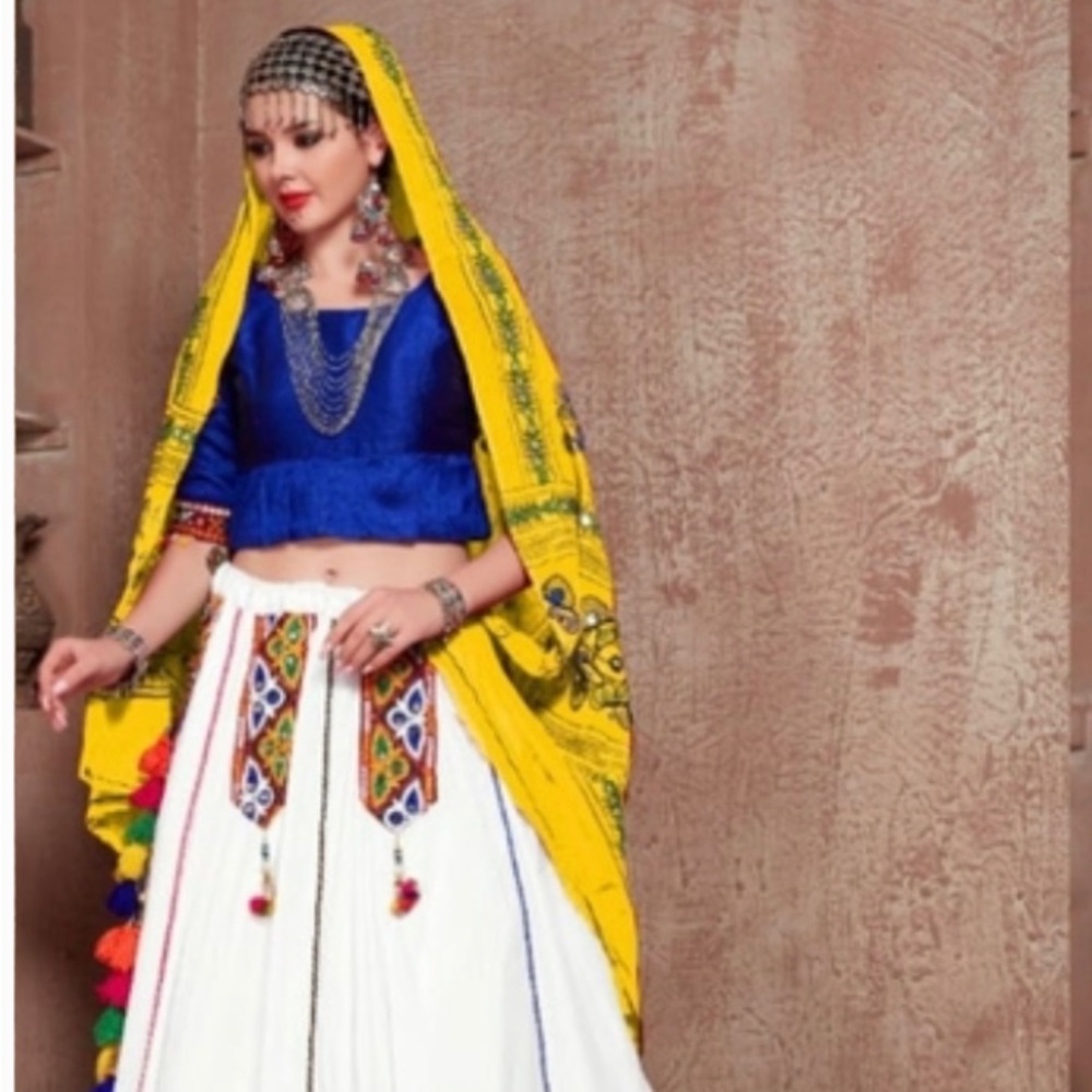 Embroidered Cotton Lehenga w Mirrors & Tassels